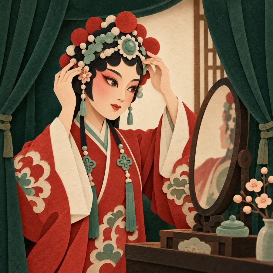 A performer adjusts a headdress backstage by a mirror