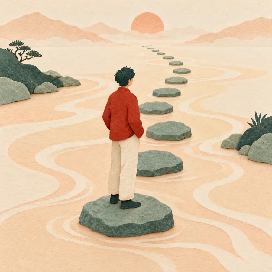 A person on a stone sees more stones across a stream