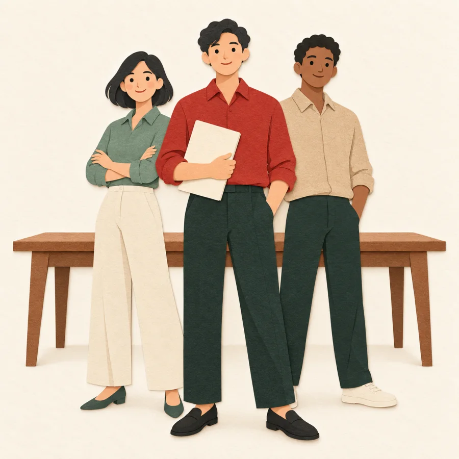 Three people in colored shirts stand before a long table