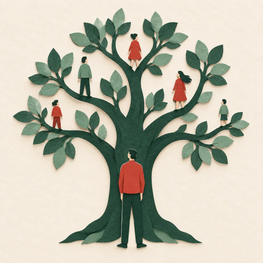 A tall person at a tree's roots, children on the branches