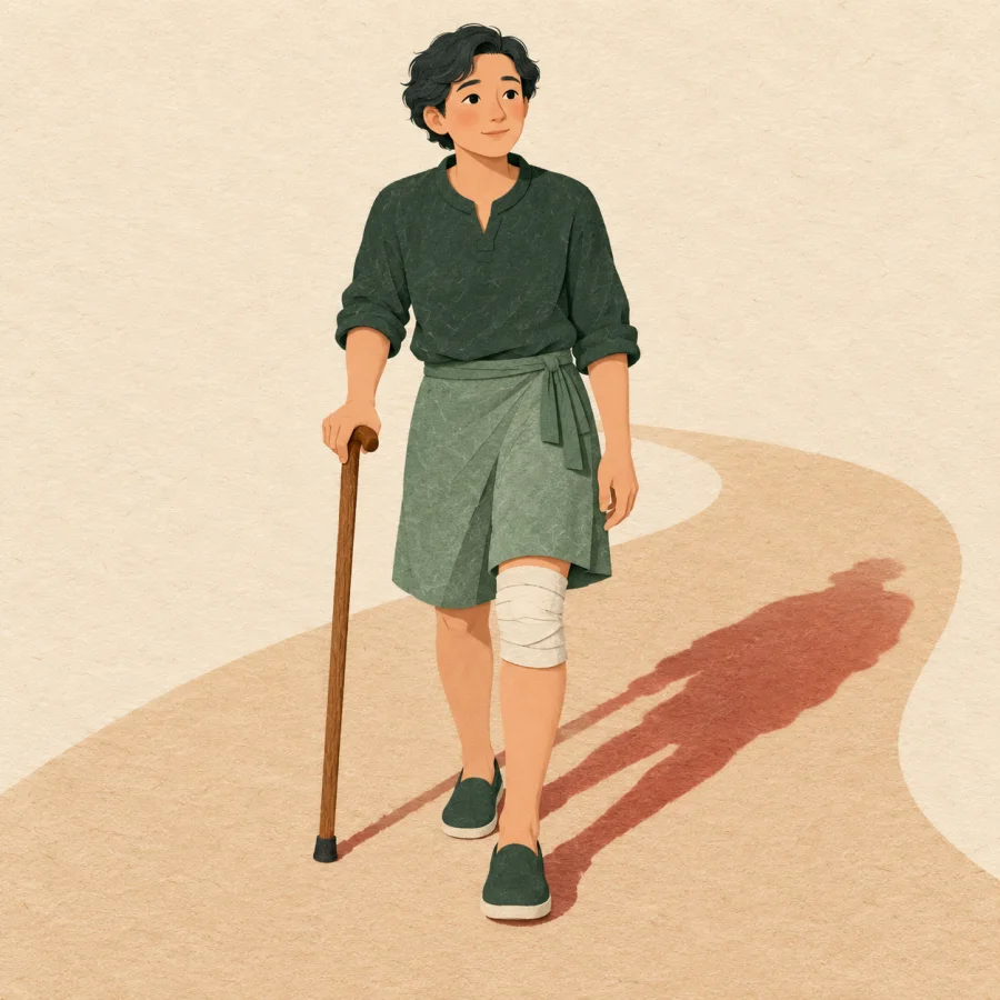 A person with a bandaged knee leans on a cane