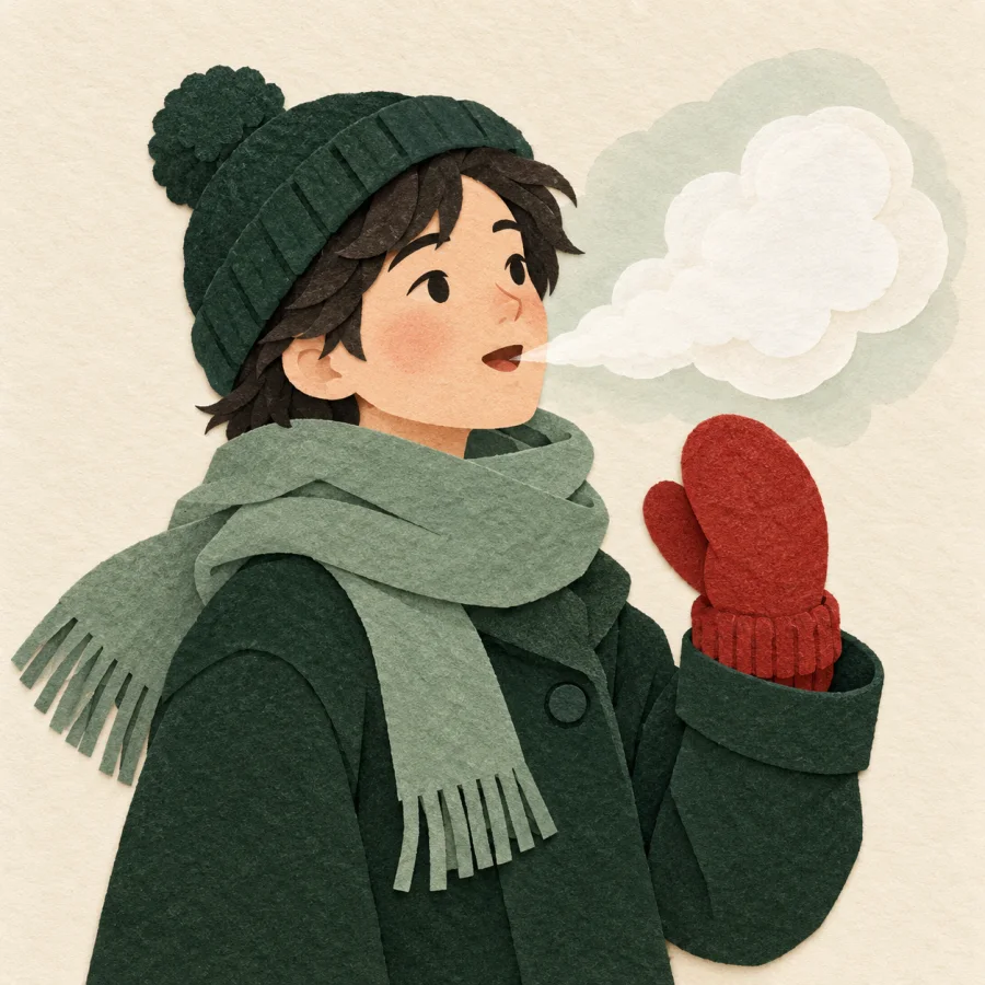 A person in a green scarf exhales a puff of breath in the cold