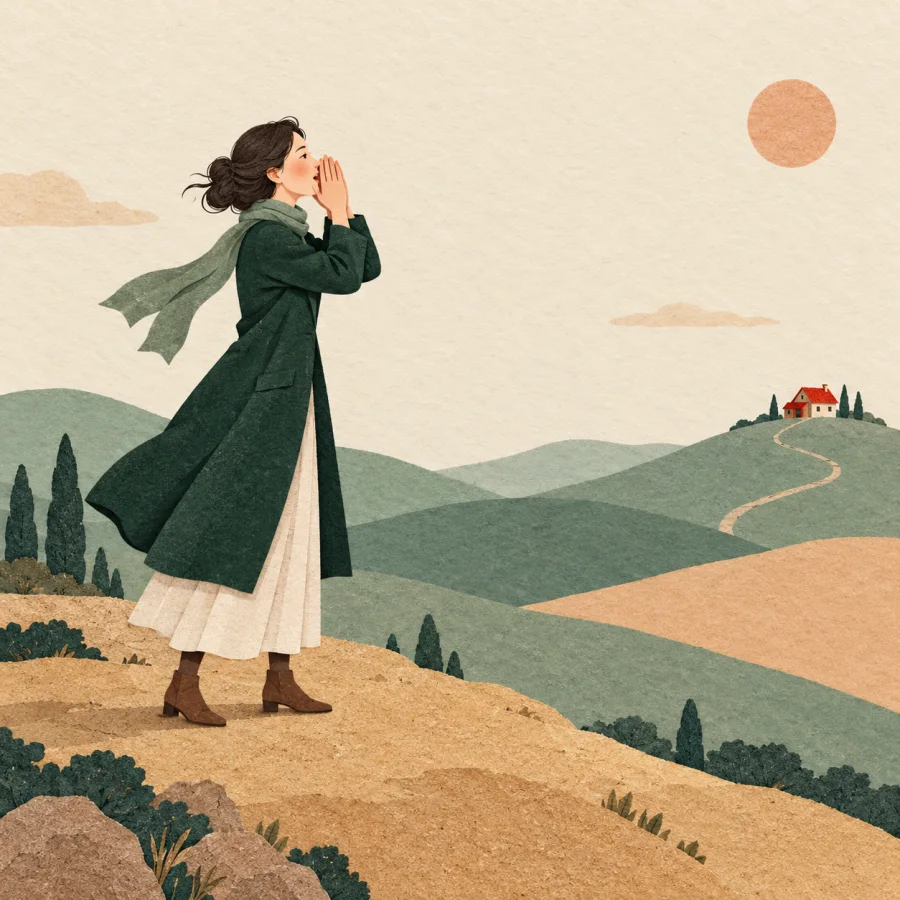 A woman on a hill calls out with hands cupped at her mouth