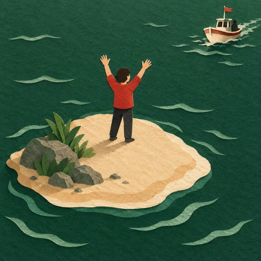 A person on a tiny island waves both arms as a boat approaches