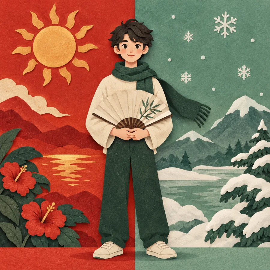 A person in a scarf with a snowy half and a sunny half behind