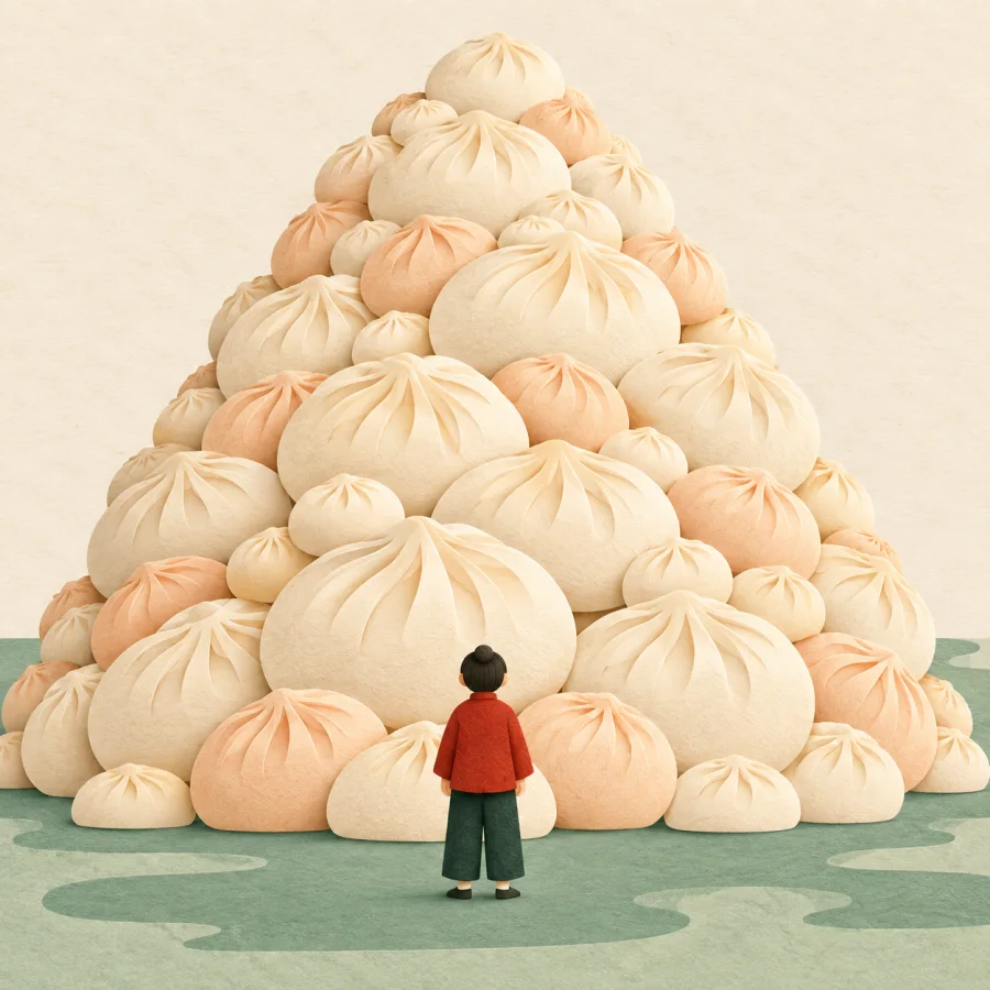 Uma pessoa diante de muitos pãezinhos