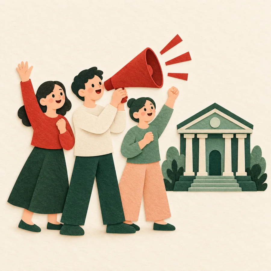 A group of people with a megaphone in front of a building
