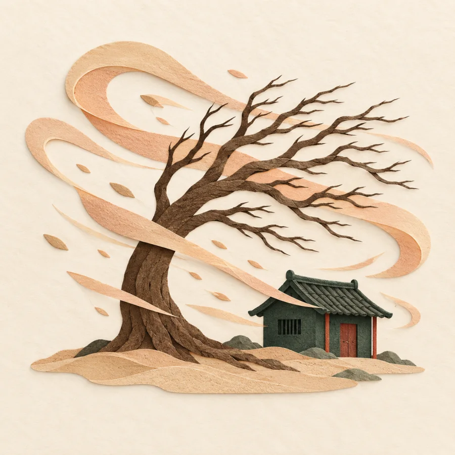 Strong wind bends a tree beside a small hut