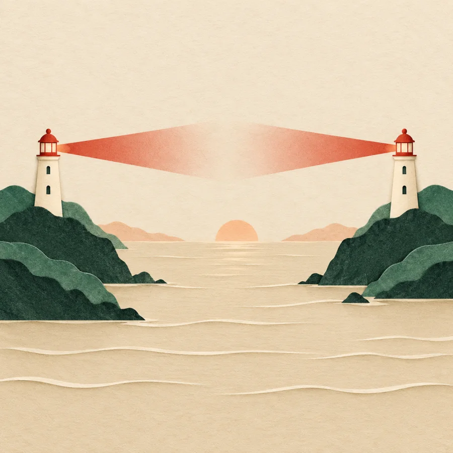 Two lighthouses on hills send beams toward each other