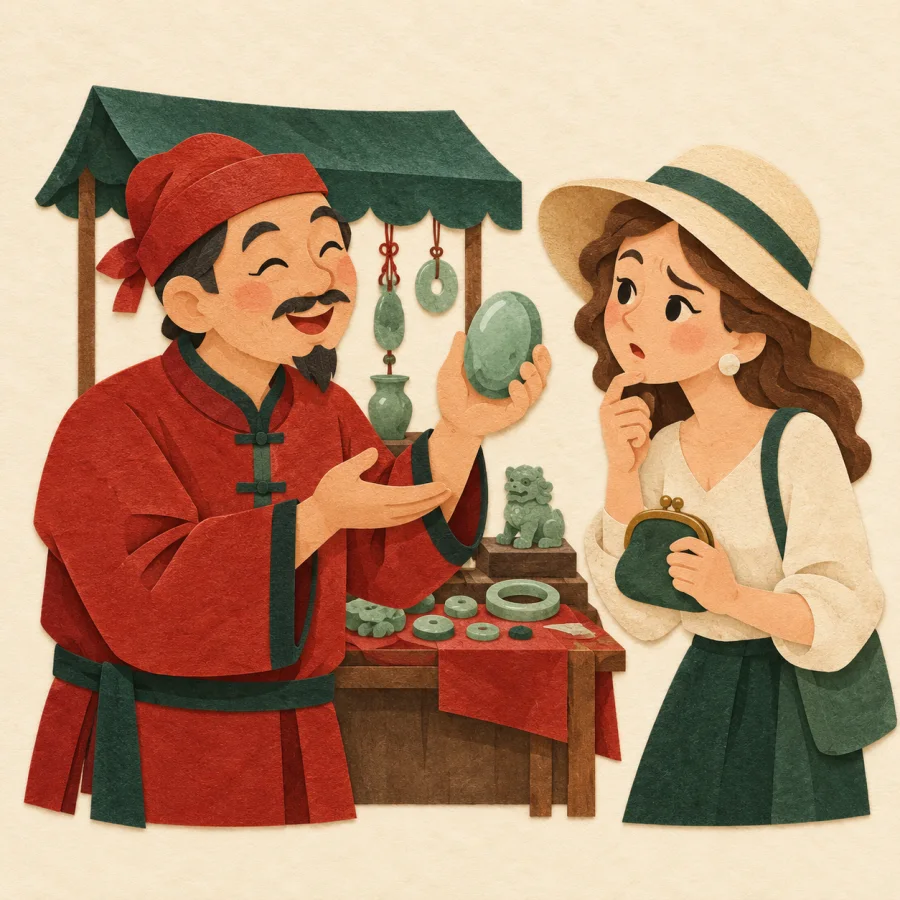 A vendor shows a shiny stone to a puzzled tourist