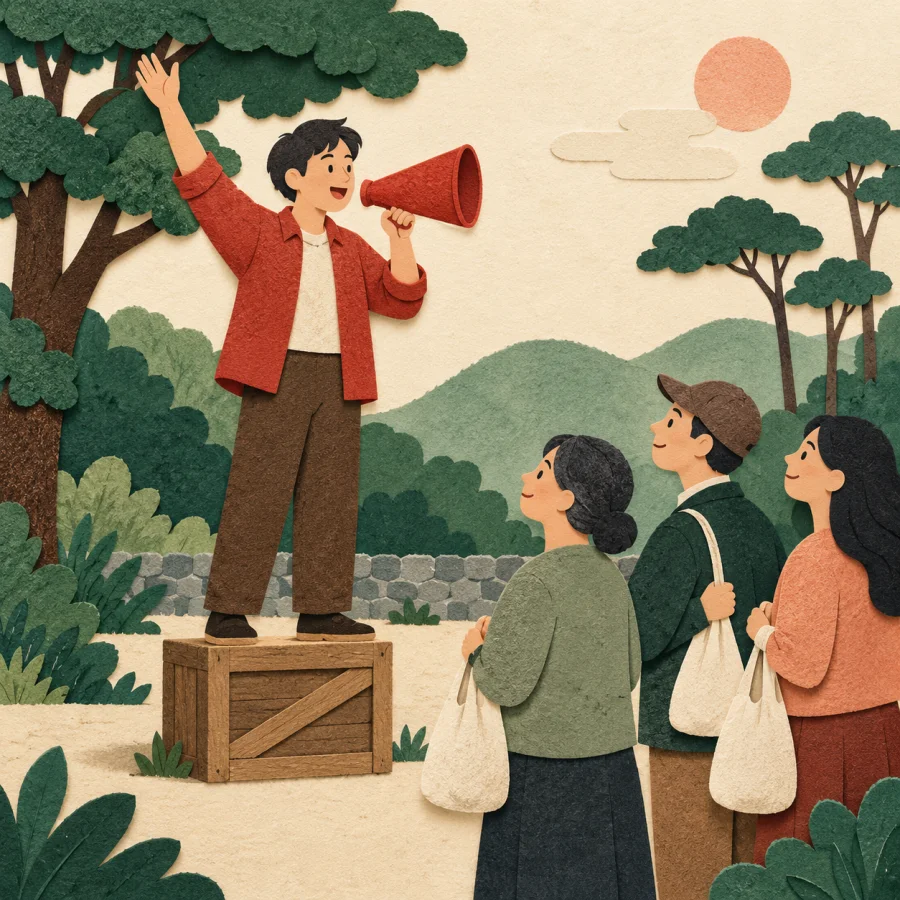 A person on a crate speaks through a megaphone to listeners