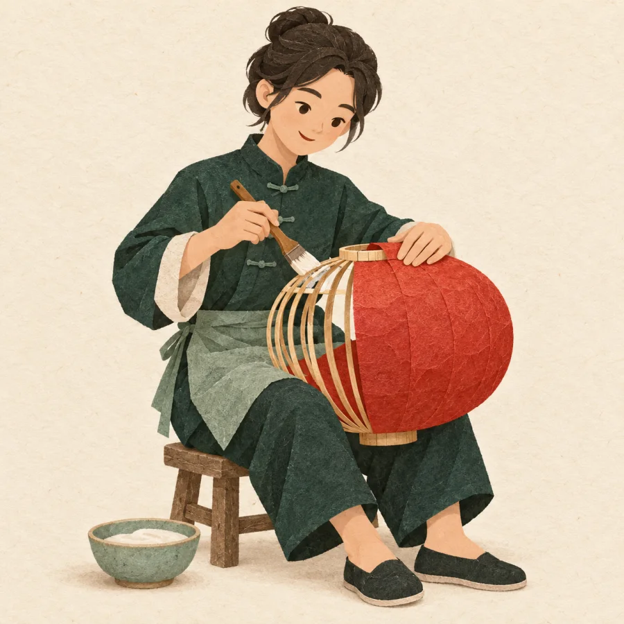 A person on a stool pastes red paper onto a lantern