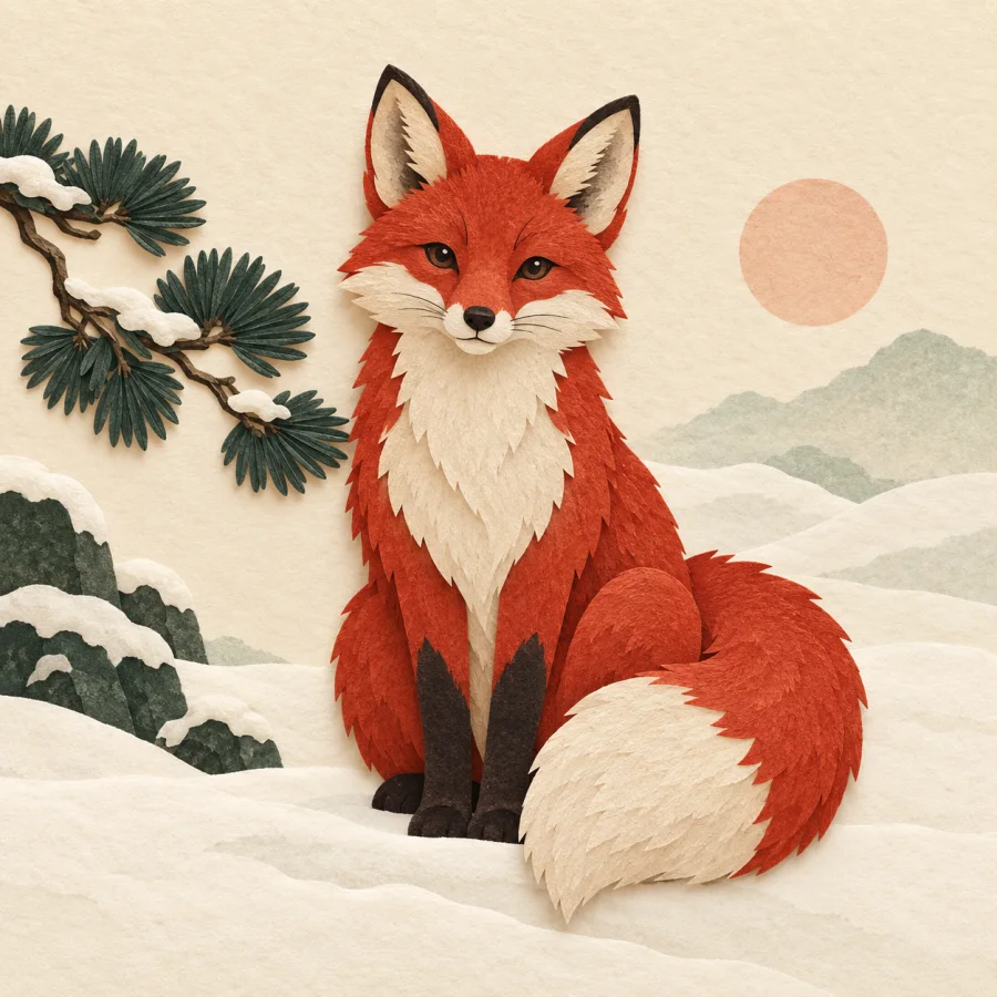 A red fox sits on snow beside a pine branch