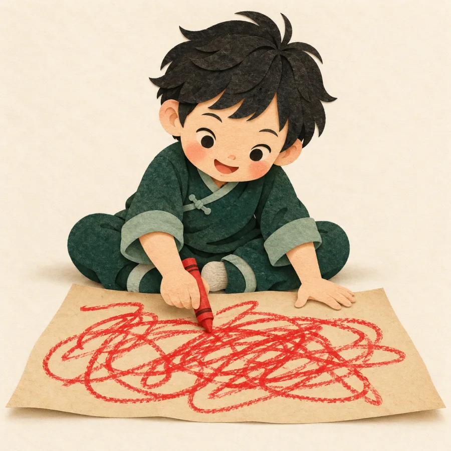 A child scribbles tangled loops with a red crayon