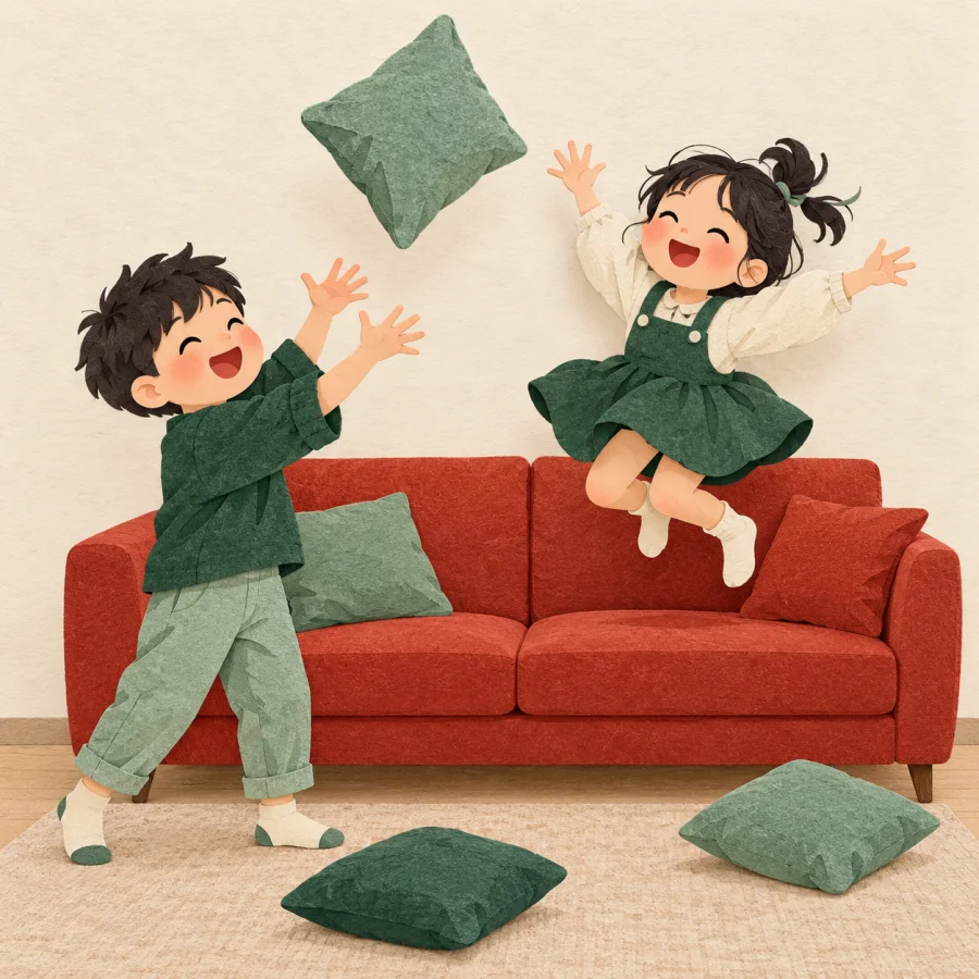 Two children romp on a sofa among scattered cushions