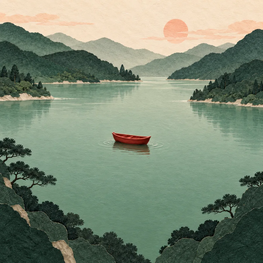 A calm lake among hills with a small boat in the middle
