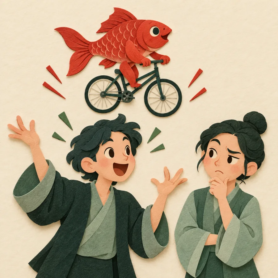 A person gestures wildly as a fish rides a bicycle overhead