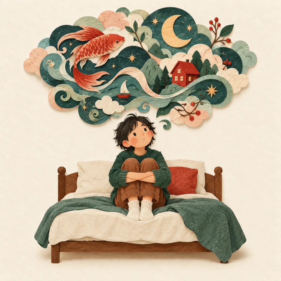 A person on a bed with a cloud of tangled doodles above