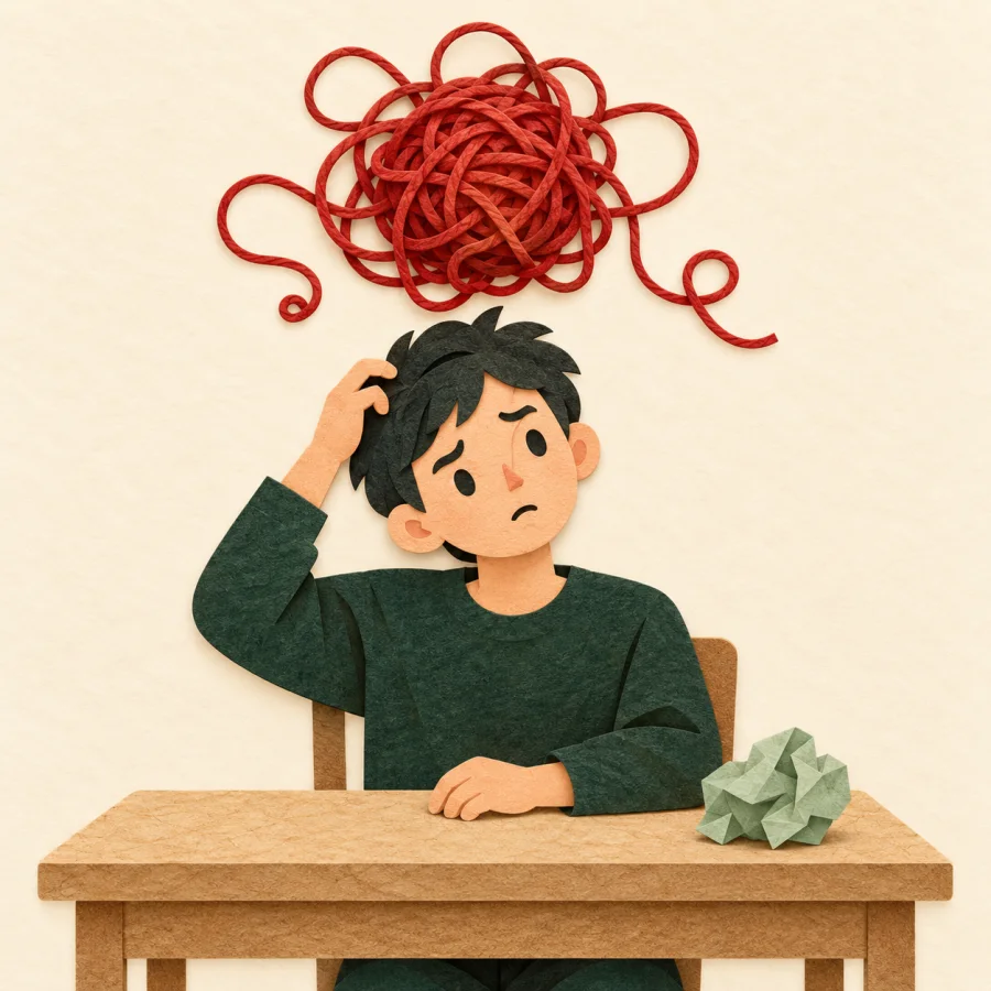 A person scratches their head under a tangle of red yarn