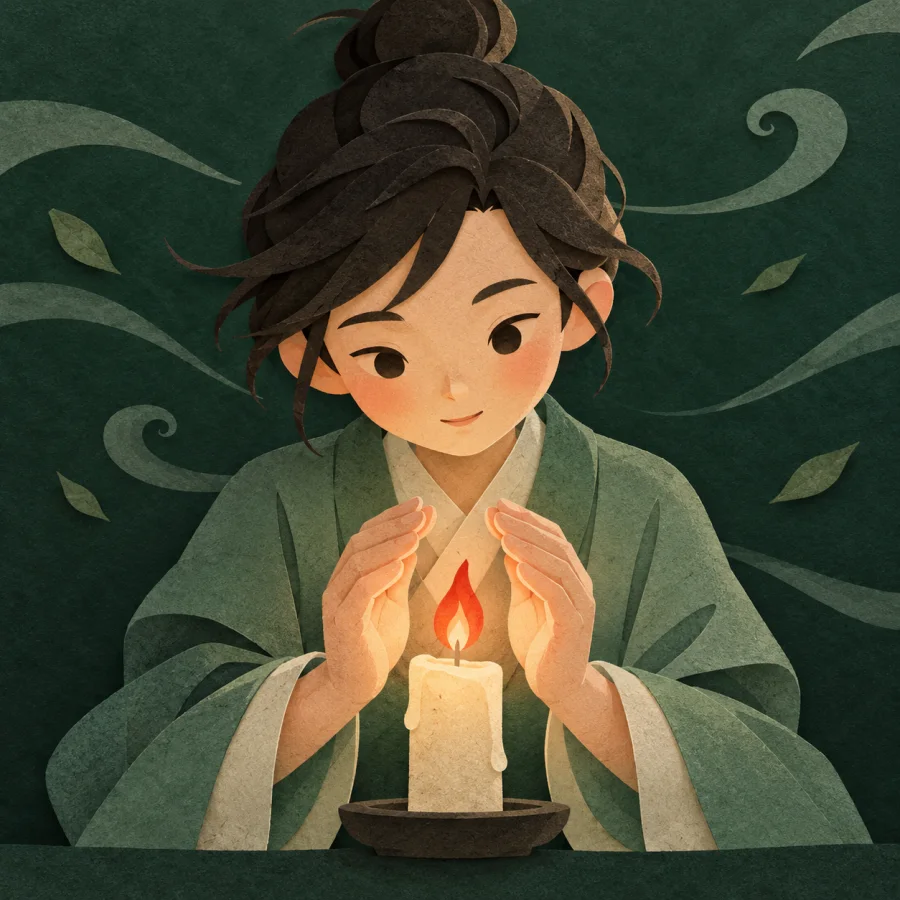 A person cups both hands around a candle flame in the wind