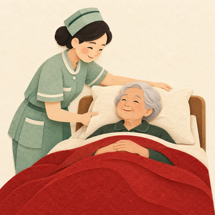 A nurse adjusts a pillow for an elderly patient