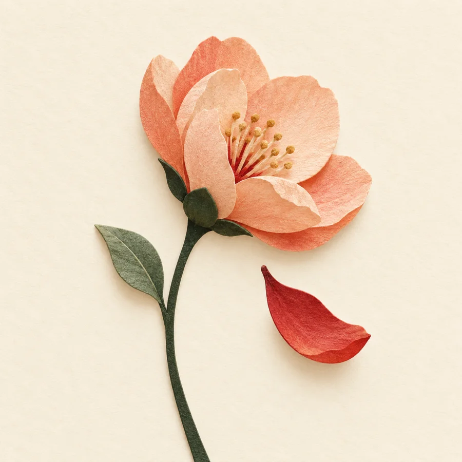 A red petal drifts down in front of a half-open flower