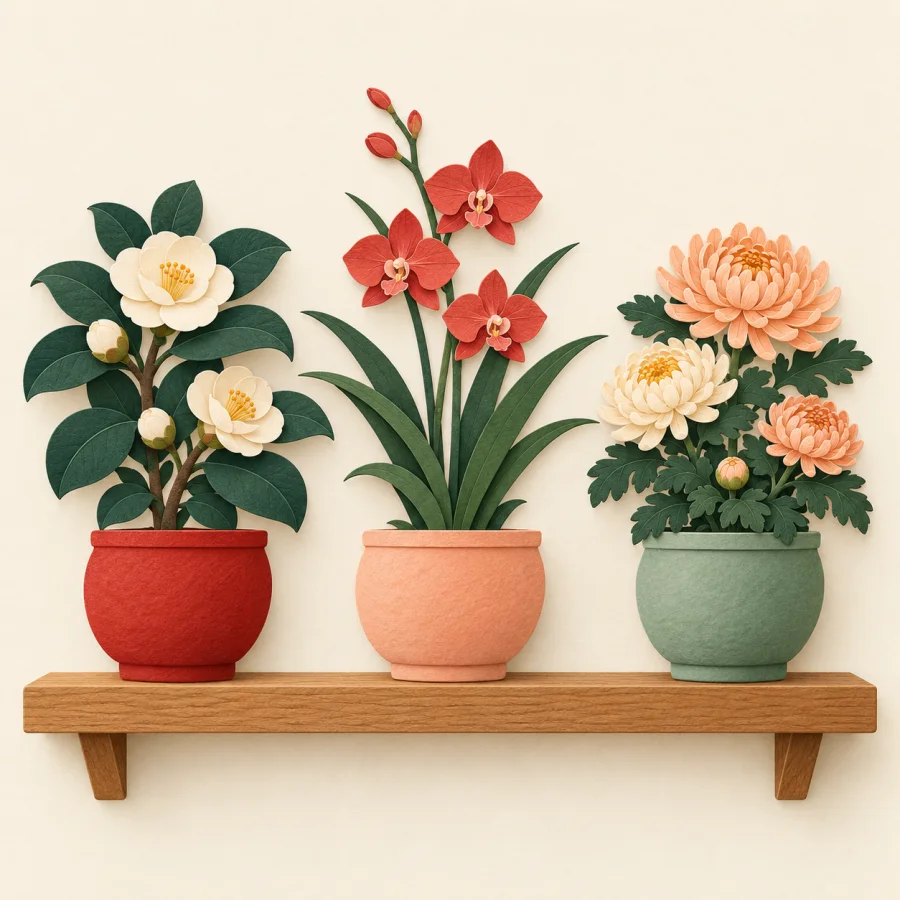 A shelf with three flowering potted plants