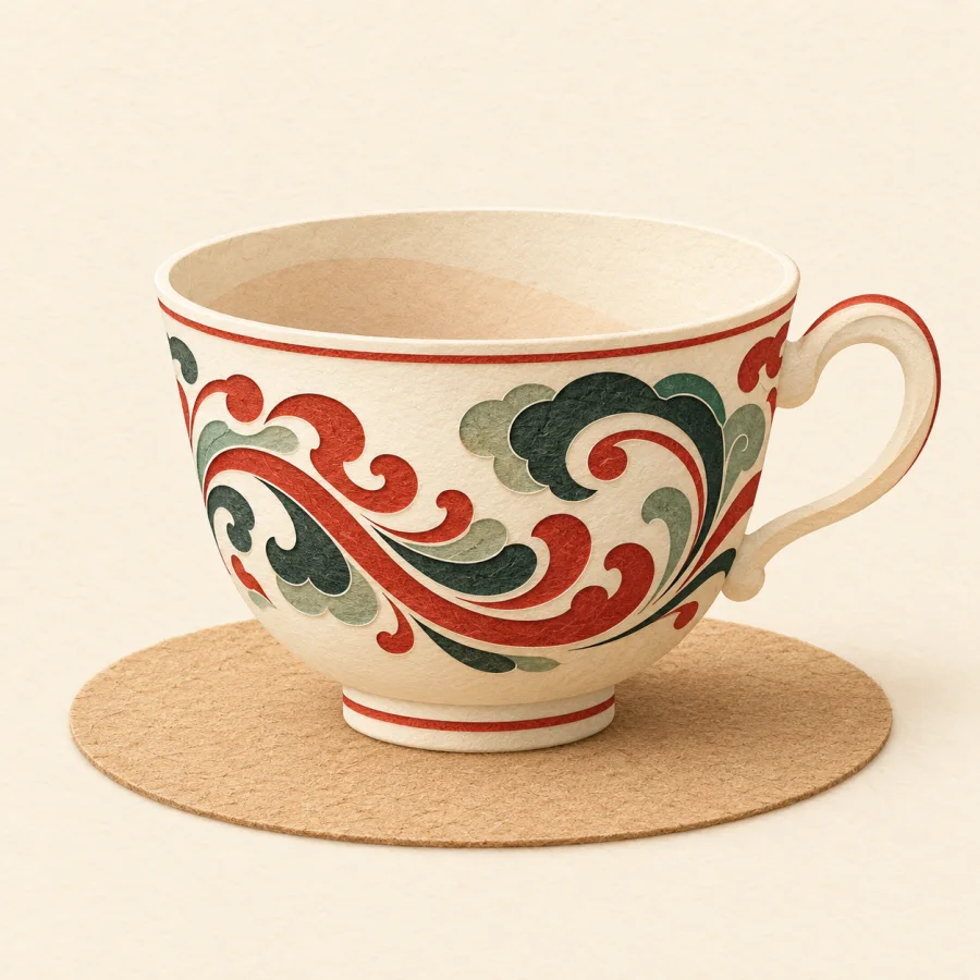 A porcelain cup with a red and green pattern around it
