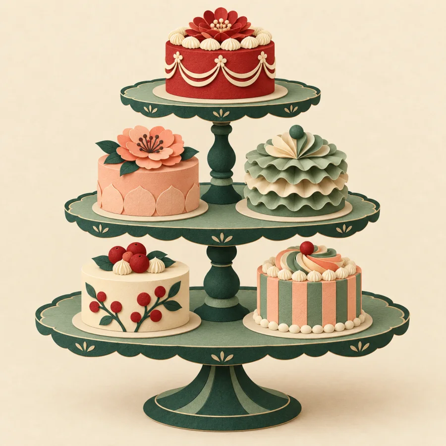 A display with five differently decorated cakes
