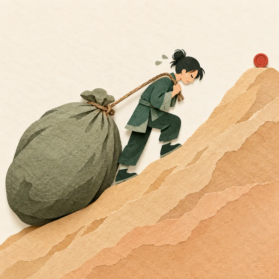 A tired person drags a sack uphill toward a single coin