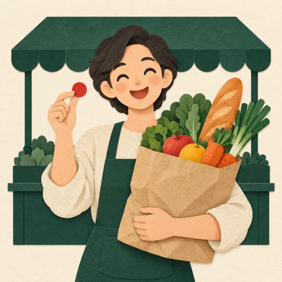 A smiling person carries a full bag and holds up one coin