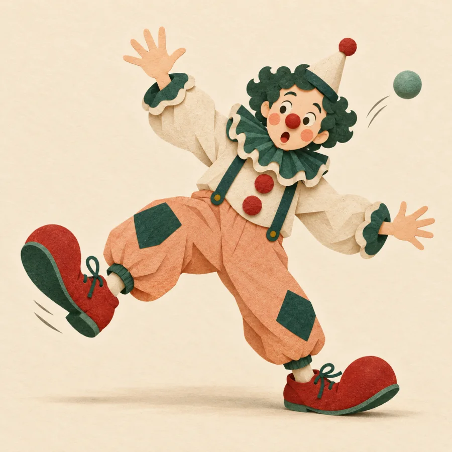 A clown in huge red shoes trips and flails