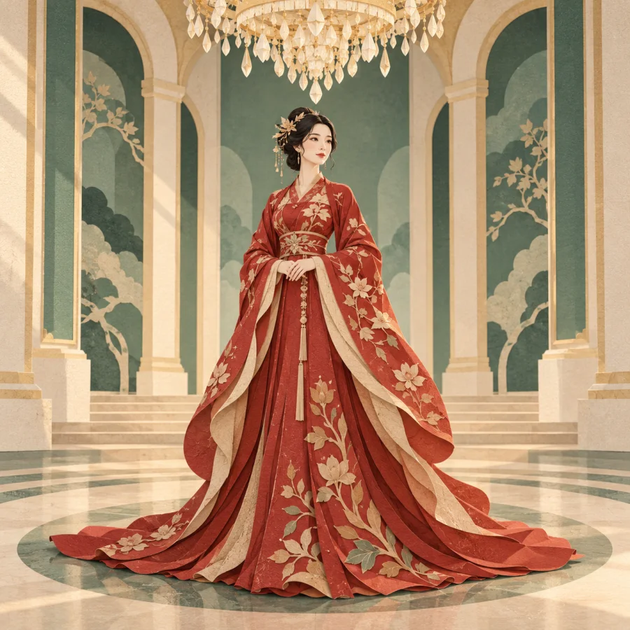 A person in a long red gown beneath a chandelier