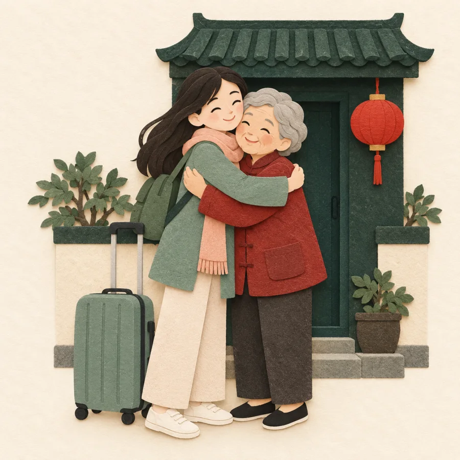 A traveler with a suitcase hugs an older relative