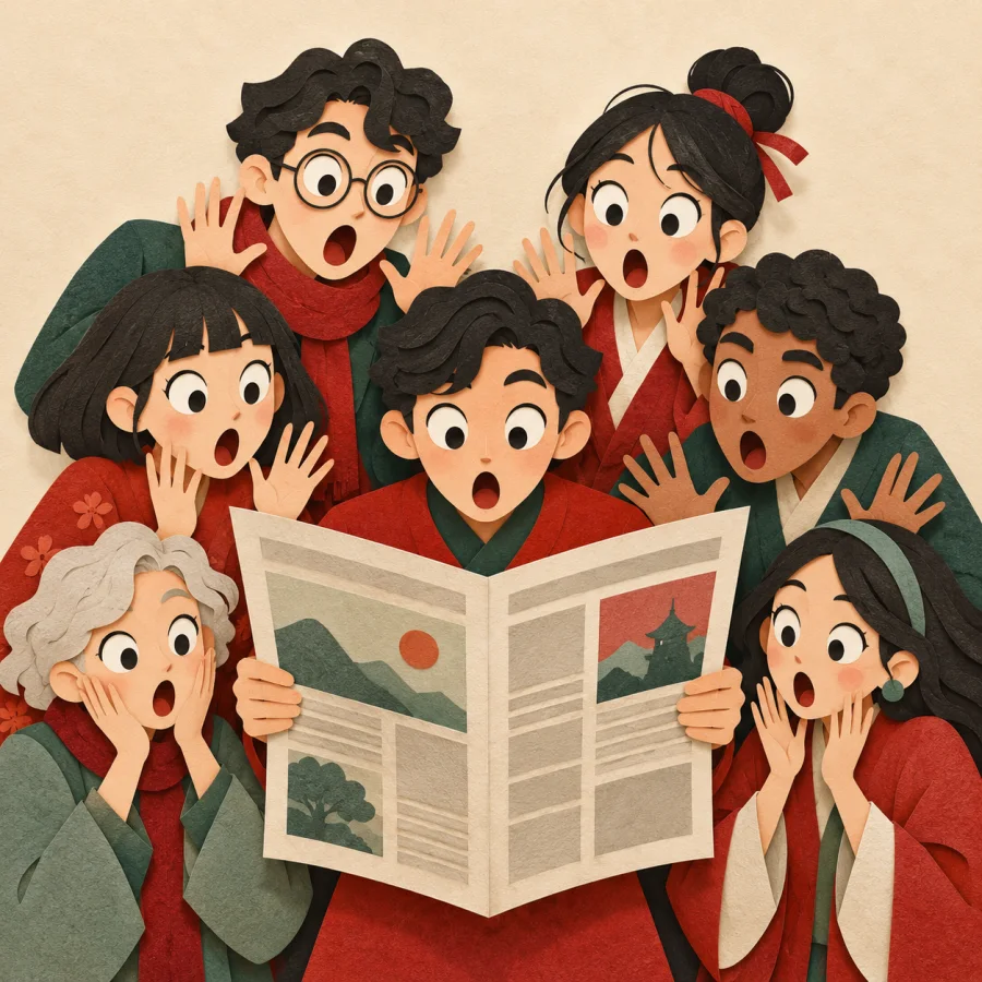 A crowd with shocked faces and raised hands