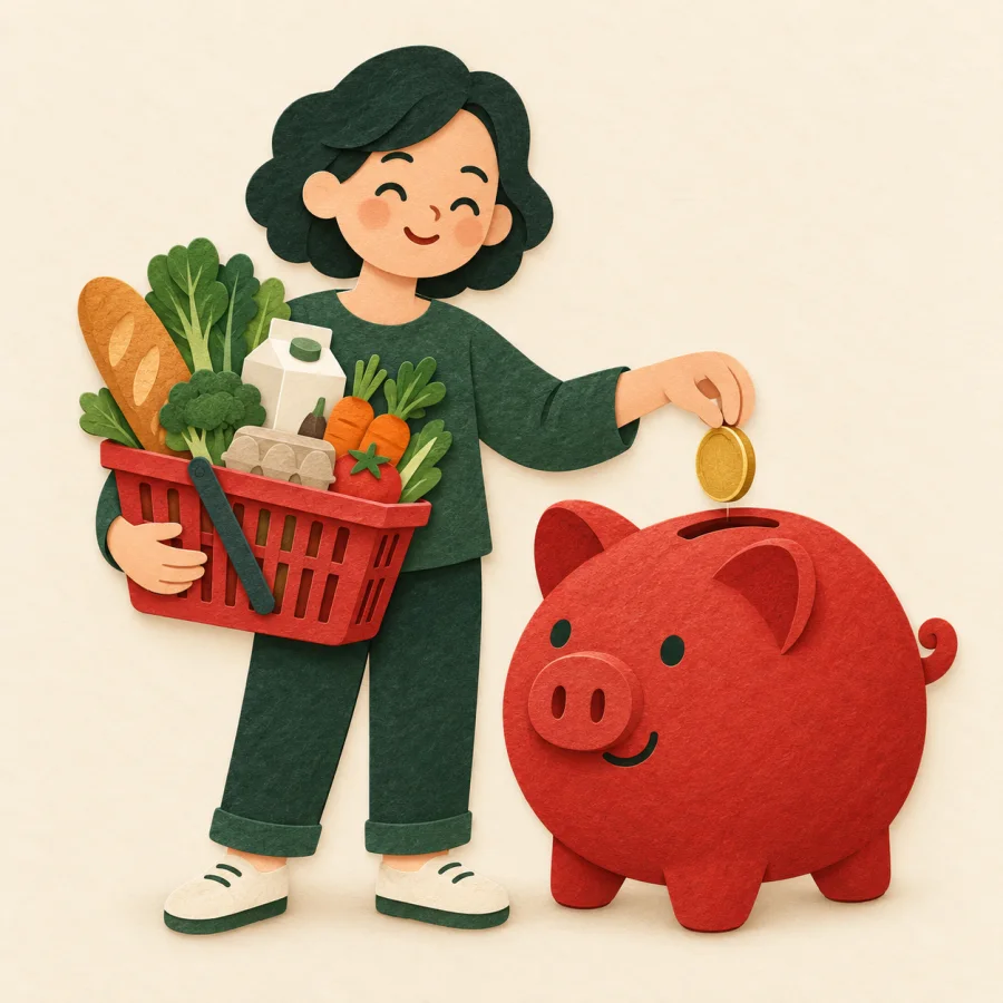 A happy shopper with a full basket beside a red piggy bank