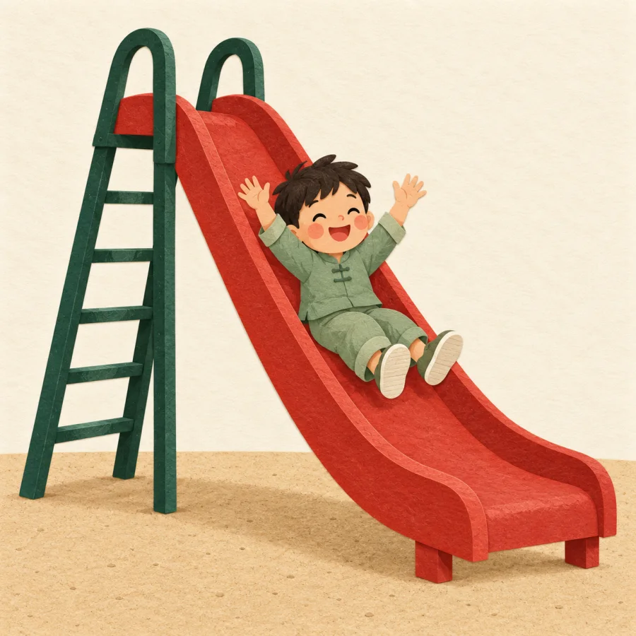 A child with raised arms slides down a red slide