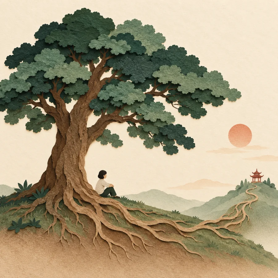 A tree with roots reaching toward a distant pagoda