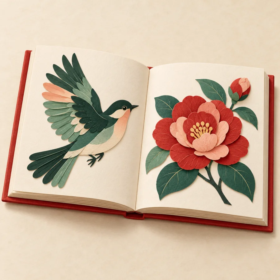 An open album with pictures of a bird and a flower