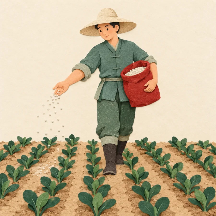 A farmer scatters granules from a sack over a field