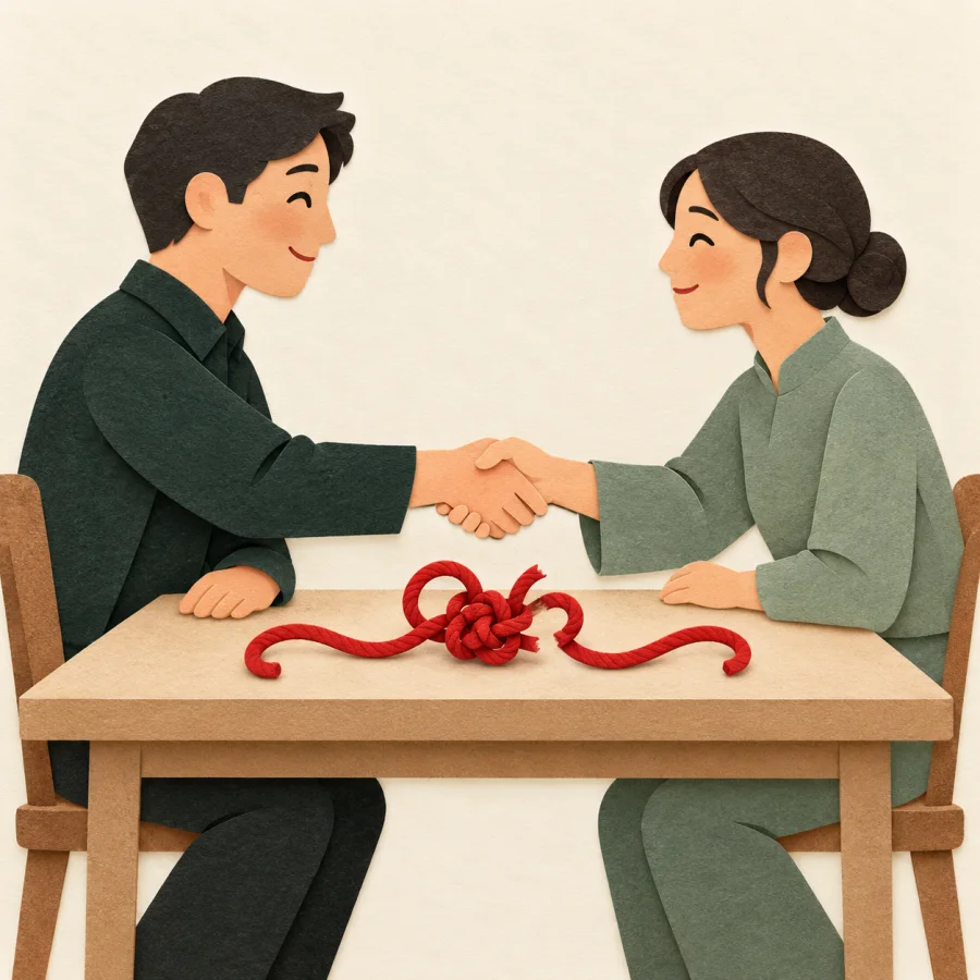 Two people shake hands above a loosening rope knot
