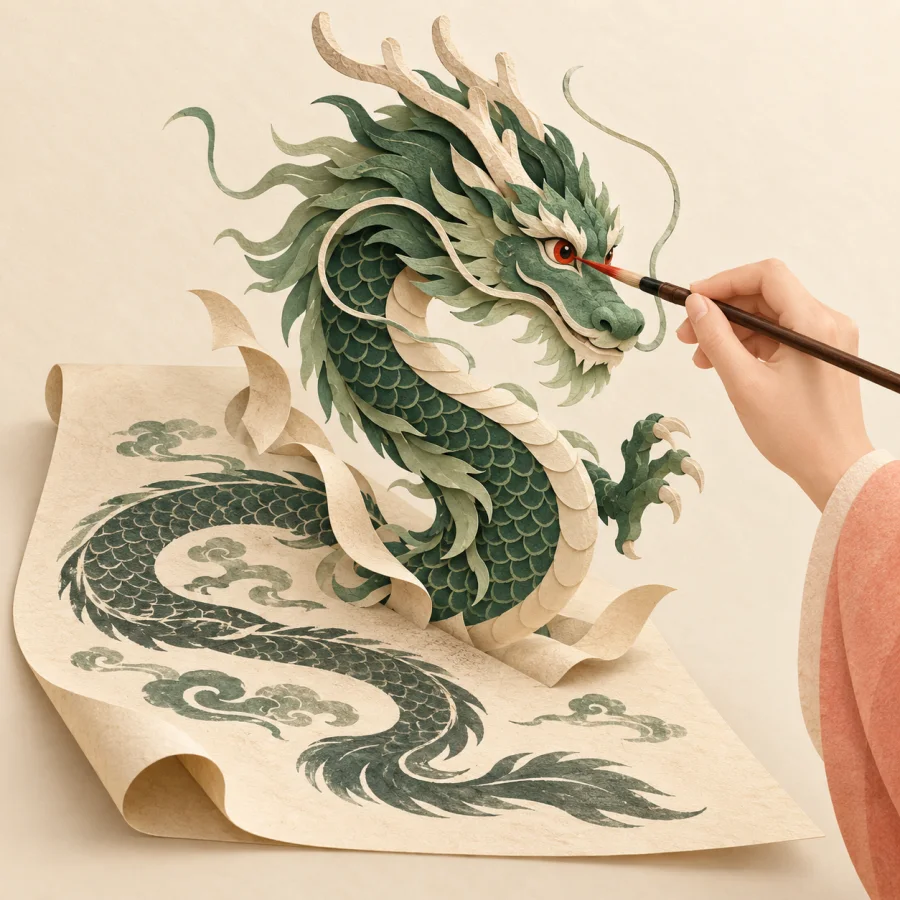 A painter adds the final stroke and the dragon comes alive
