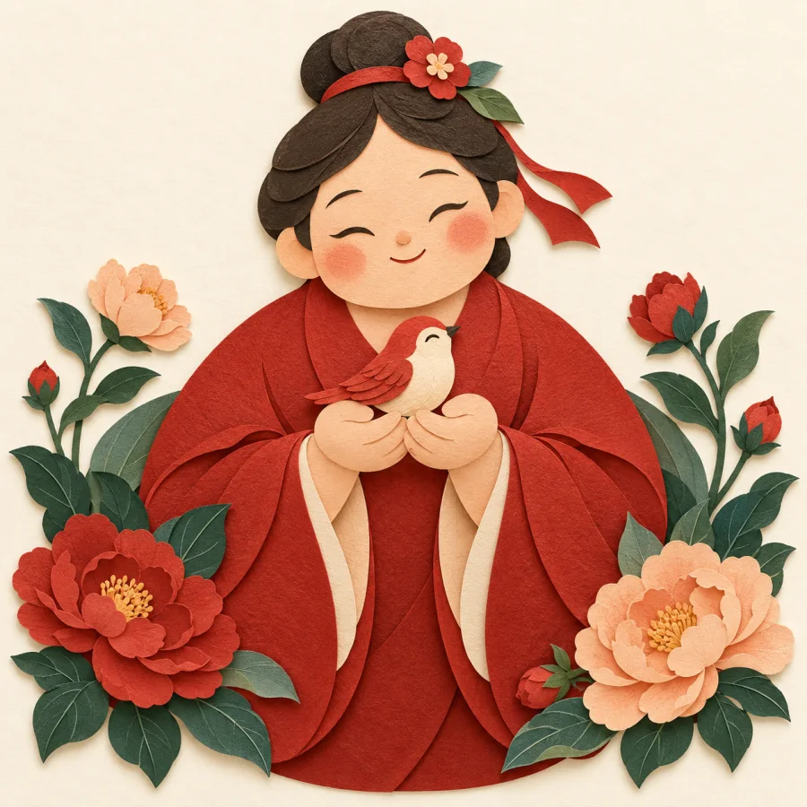 A gentle figure holds a small bird among blooming flowers