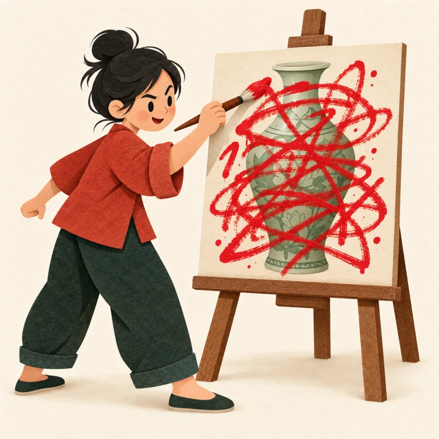 A person smothers a neat painting with extra red scribbles