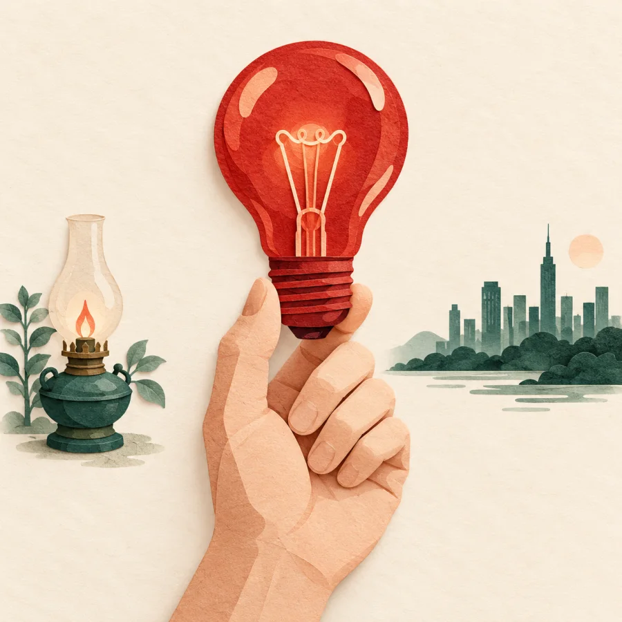 A person with a red light bulb beside an old oil lamp