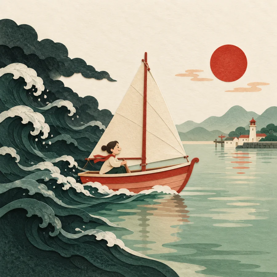 A sailboat leaves a storm and glides into a calm harbor