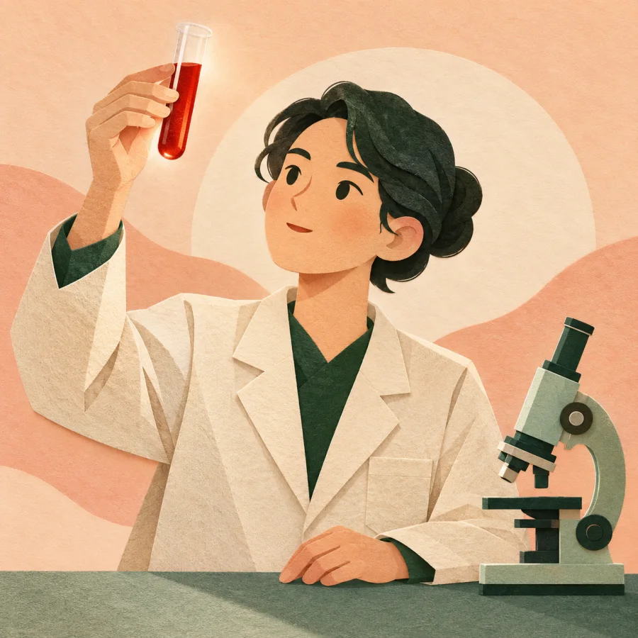 A scientist holds up a test tube beside a microscope