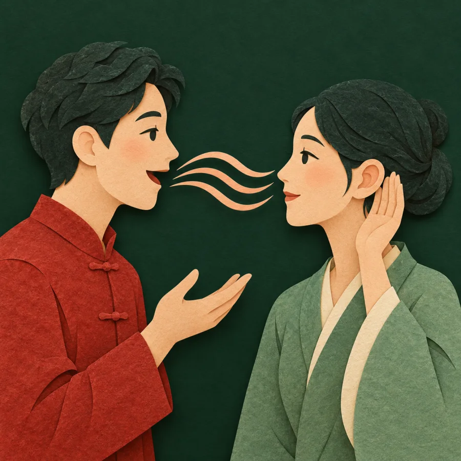 Two people talk with soft waves flowing between them