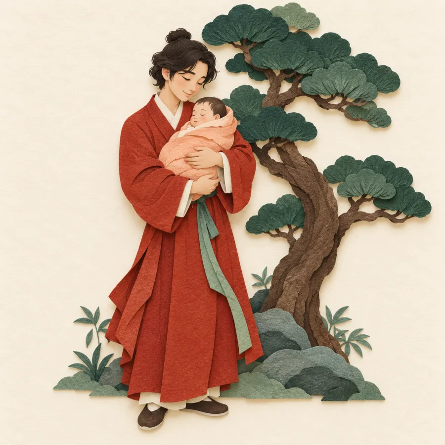 A person holds a sleeping baby in their arms beside a tree