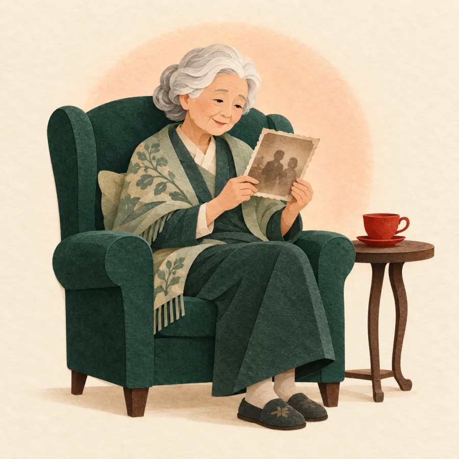An elderly person holds an old photograph beside a teacup